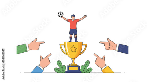 Victorious soccer player stands proudly on a golden trophy, holding a football, as multiple hands point in recognition of his success.