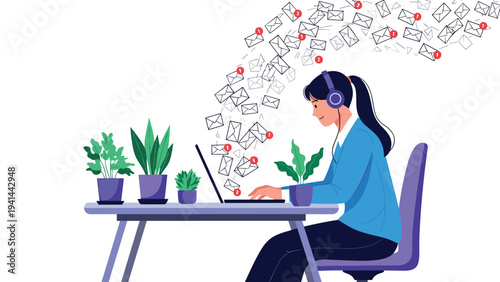 Efficient young woman wearing headphones works on a laptop, as numerous email notifications stream from the screen, indicating high productivity.