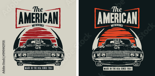 The american motorworks logo with classic car and sunset