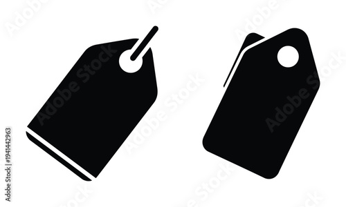 Two black price tags with rounded corners and holes on white background label sale