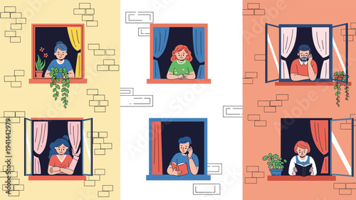Diverse neighbors engage in various activities like reading and talking, looking out from their windows in an apartment building.