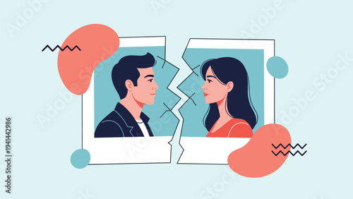 Torn photograph of a man and a woman looking at each other, symbolizing a painful breakup, separation, or the end of a relationship.