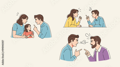 Set of illustrations depicting various forms of conflict and argument, including parents with child, a couple, and two men disagreeing.