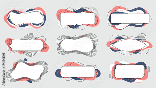 Collection of nine abstract liquid fluid shape frames with decorative dotted and wavy lines, ideal for text or graphic content.