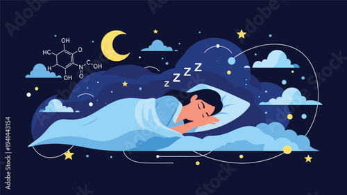 Woman enjoys a deep, peaceful sleep in bed under a starry night sky, surrounded by clouds, with a melatonin chemical structure in the background.