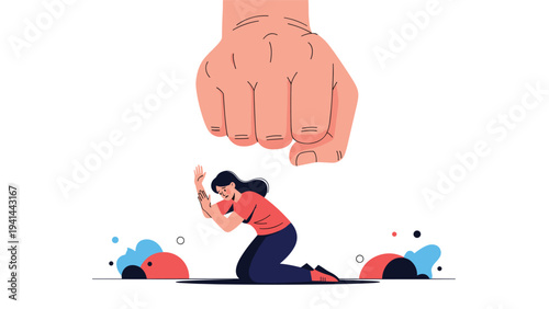 Giant clenched fist menacingly hovers over a cowering woman, symbolizing domestic violence, oppression, and gender inequality.