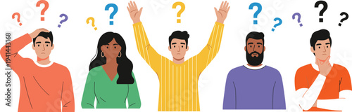 Confused People With Question Marks Thinking and Asking Questions Vector Characters Illustration Set