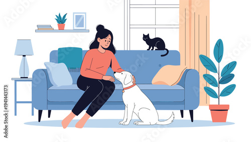Woman relaxes on a blue sofa, gently petting her dog, while a curious black cat sits casually on the backrest.