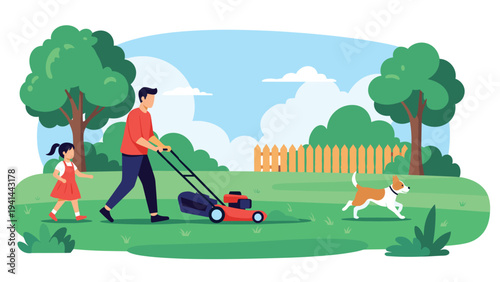 Father mows the lush green lawn with a push mower, accompanied by his young daughter and a playful dog running nearby.