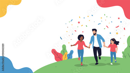 Diverse family joyfully runs hand-in-hand through a vibrant park, surrounded by colorful abstract shapes and celebratory confetti.