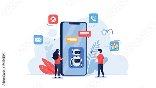 Two people interact with a giant smartphone featuring a helpful chatbot, surrounded by various communication and utility application icons.