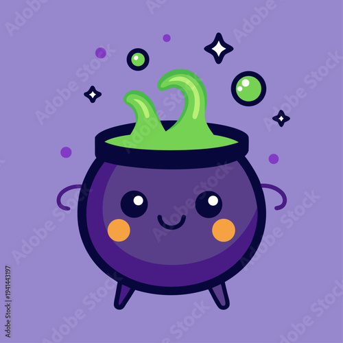 A purple cartoon cauldron with orange cheeks and a wide smile contains swirling green magic potion under floating bubbles on a lavender background.