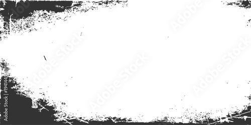Grungy white distressed texture background with black ink splatter border, vintage paper effect for design overlay