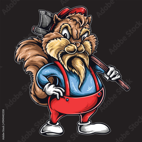 Cartoon squirrel lumberjack with axe and overalls