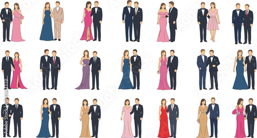 Elegant Couples in Formal Evening Wear Collection Men Tuxedo and Women Gown Fashion Illustration Set