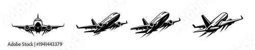 Stylized black and white airplane silhouette illustration set featuring multiple angles