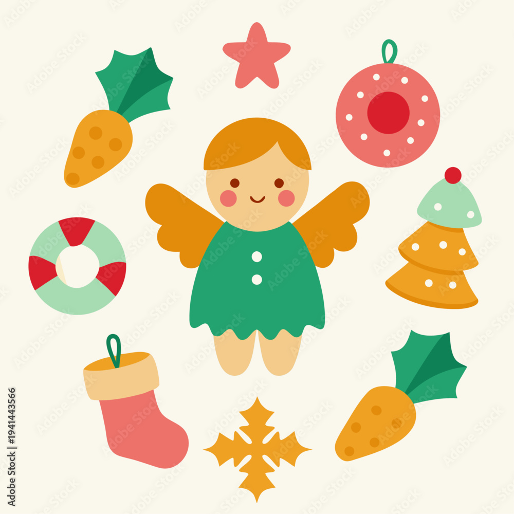 Fototapeta premium A female ginger haired angel in a green dress is surrounded by festive symbols including a stocking bauble and carrots on a cream background.