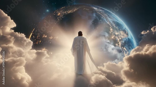 Jesus Christ Standing Before the Earth in Heavenly Light. Symbolizing Final Judgment