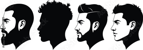 Men Face Profile Silhouettes Collection Different Hairstyles and Beard Styles Male Portrait Vector Illustration Set