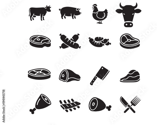 Meat and Butcher Shop Icon Set, Black Silhouettes of Beef, Pork, Chicken, and Steak
