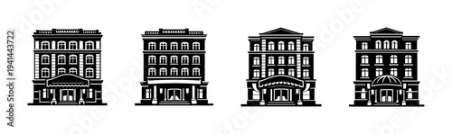 Vintage building facades vector silhouette set of four architectural illustrations