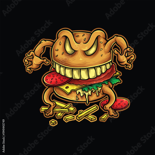 Scary burger monster with frenzy eyes and french fries