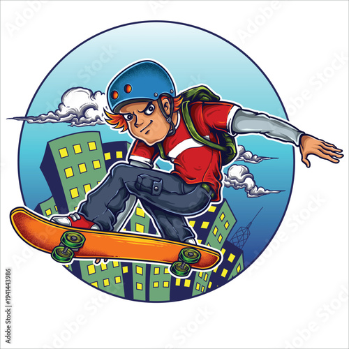 Skateboarder in city with helmet and backpack