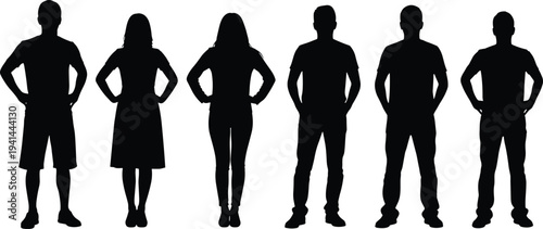 Standing People Silhouettes with Hands on Hips Men and Women Full Body Human Figures Set