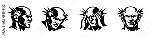 Black and white vector silhouette set of male faces with expressive emotions