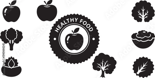 Healthy food icons and logo on white background