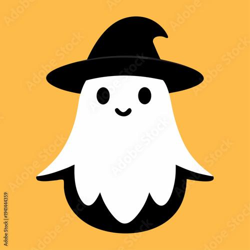 A white cartoon ghost wearing a pointed black witch hat is centered on a solid orange background with a black base at the bottom.