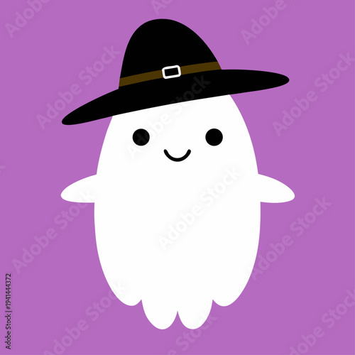 A white cartoon ghost with a black hat and brown buckled band smiles against a solid medium purple background in a simple vector style.