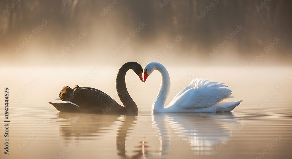 Fototapeta premium Romantic swans form heart shape on serene lake at sunrise