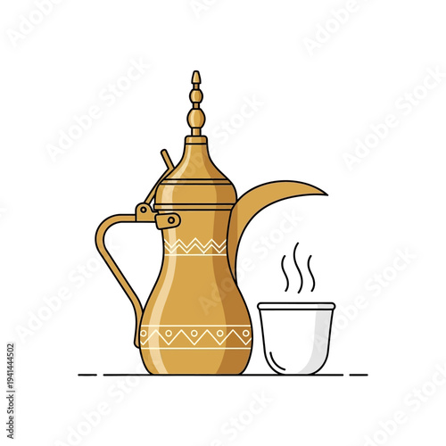 Traditional Arabic dallah coffee pot with steaming cup illustration
