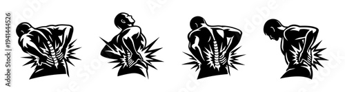 Silhouette of men with back pain illustrations showing spine and pain points