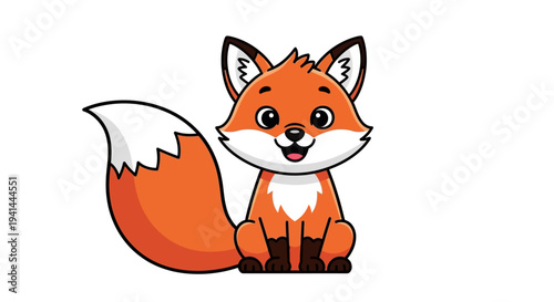 Cute red fox sitting and smiling cartoon character on white
