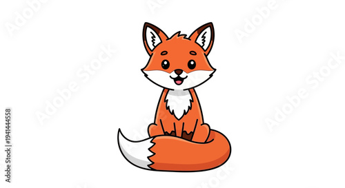 Cute red fox sitting and smiling cartoon character on white

