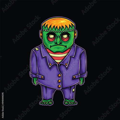 Cartoon frankenstein monster with green skin and orange hair