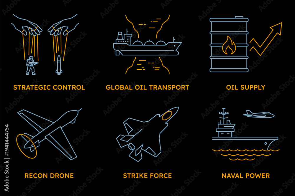 Fototapeta premium Geopolitical conflict and global oil crisis concept. Neon line icons of military power, drone strikes, proxy wars, and the impact on energy supply chains.