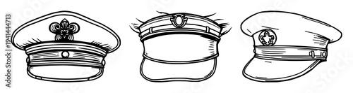 Antique captain’s hat set with black line art on white background featuring nautical, vintage, royal attire with silhouette and crest