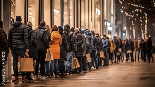 Shoppers lined up outside store.