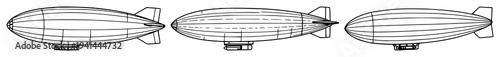 Zeppelin set with black line art classic zeppelin airship featuring aviation, transport, vintage design with engineering and illustration