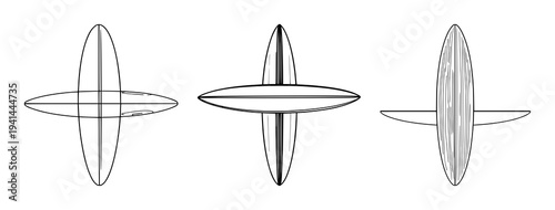 Longboard surfboard set with vintage black line art design featuring surfboard, wave, beach with illustration and graphic elements