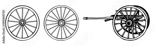 Carriage wheel set with black line art on white background featuring horse-drawn carriage, wheel, vintage mechanism with vectors and illustrations
