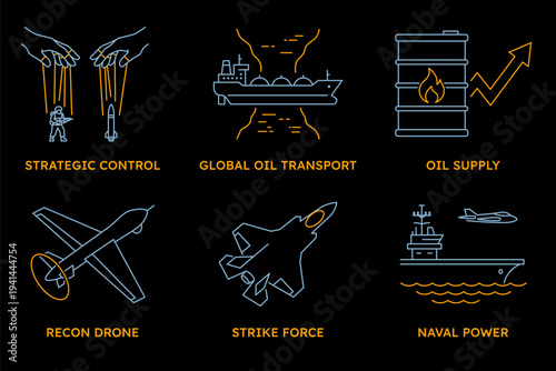 Geopolitical conflict and global oil crisis concept. Neon line icons of military power, drone strikes, proxy wars, and the impact on energy supply chains.