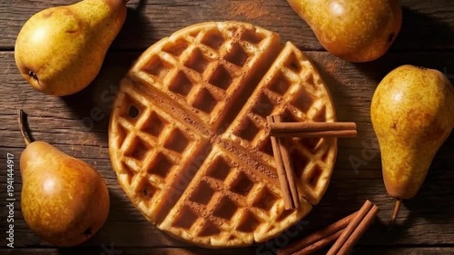 Top-Down View of a Golden Waffle with Cinnamon Sticks and Fresh Whole Pears on a Rustic Wood Surface