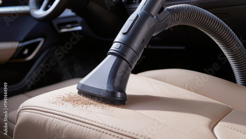 Vacuum cleaner with flexible hose cleaning beige leather car seat. Scene highlights car interior care, auto detailing, and maintaining cleanliness of vehicle upholstery