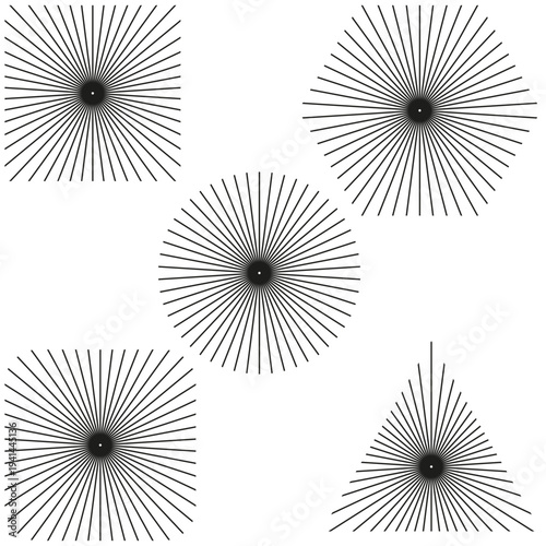 Radiating star set. Thin line burst. Geometric shape Vector. Optical focus pattern.