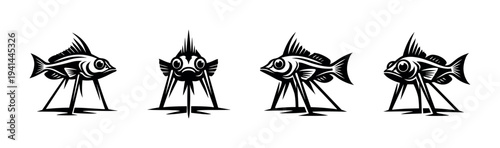 Stylized fish silhouette vector illustrations, black and white marine life clipart