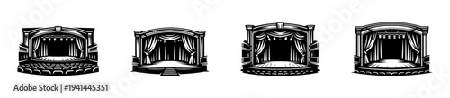 Set of four black and white vector theater stage illustrations with curtains and spotlights